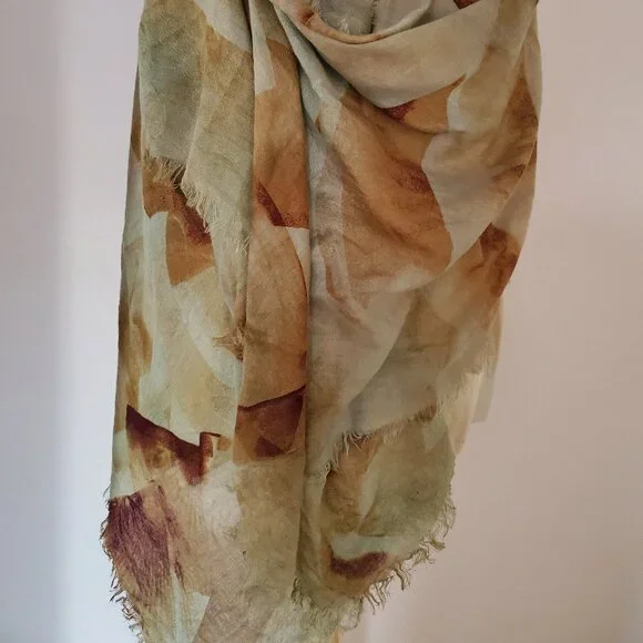 Painted dyed silk cashmere scarf wrap beige brown tan green blue gray grey khaki